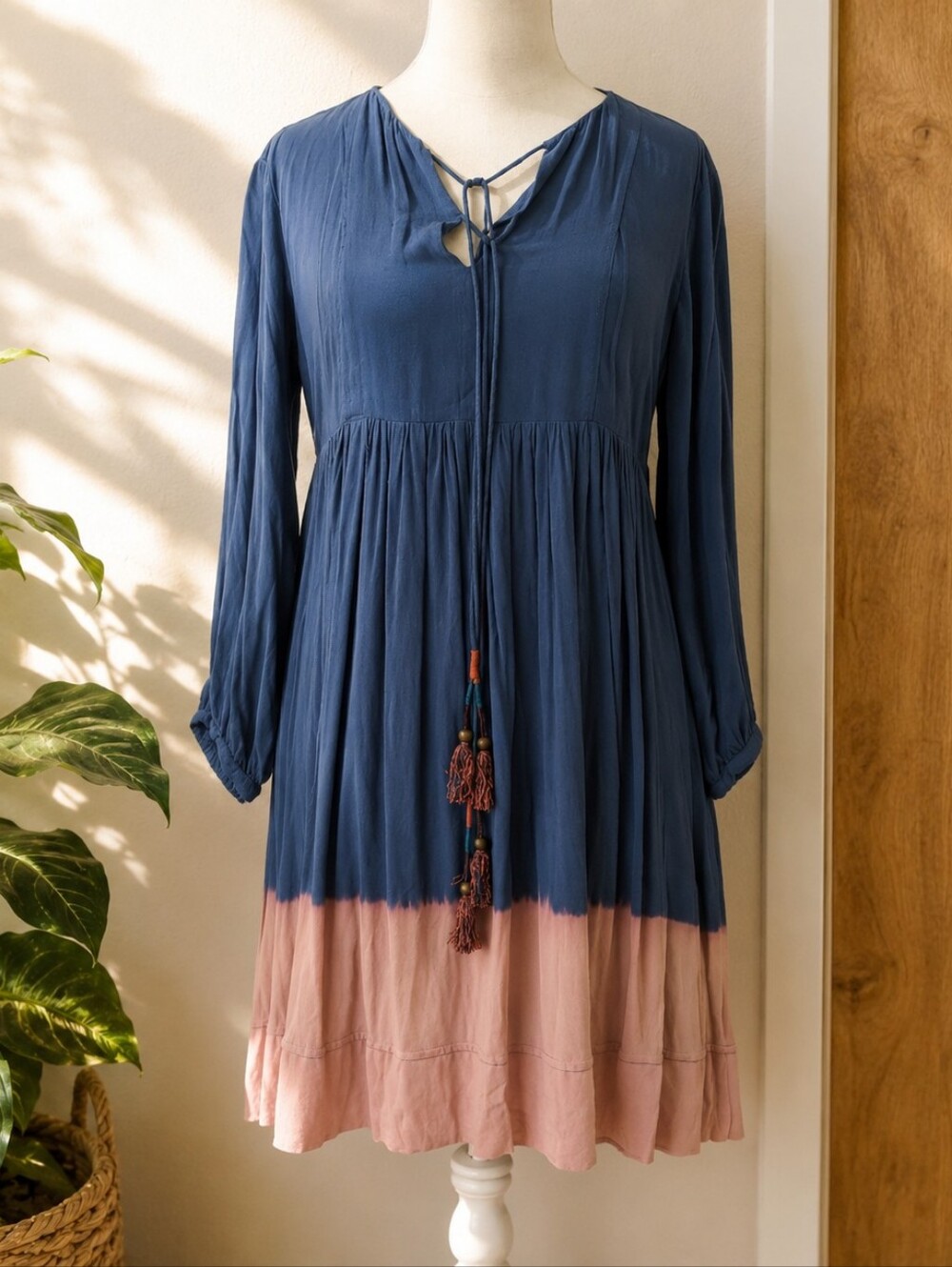 ANTHROPOLOGIE: Holding Horses Boho Blue Bleach Dye Midi Dress